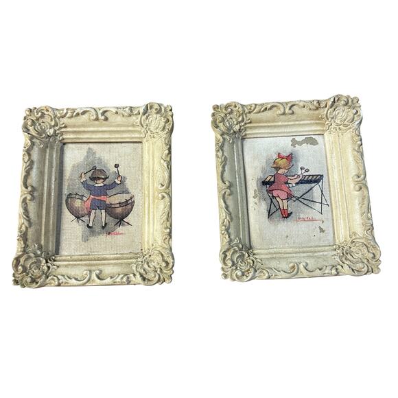 Vintage Wee Musicians Wall Hanging Pair with Ornate Frames circa 1940s - Picture 1 of 4
